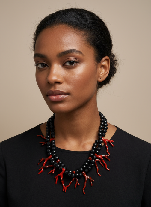 BDL12 - Adjustable red coral Resin and black wood double necklace