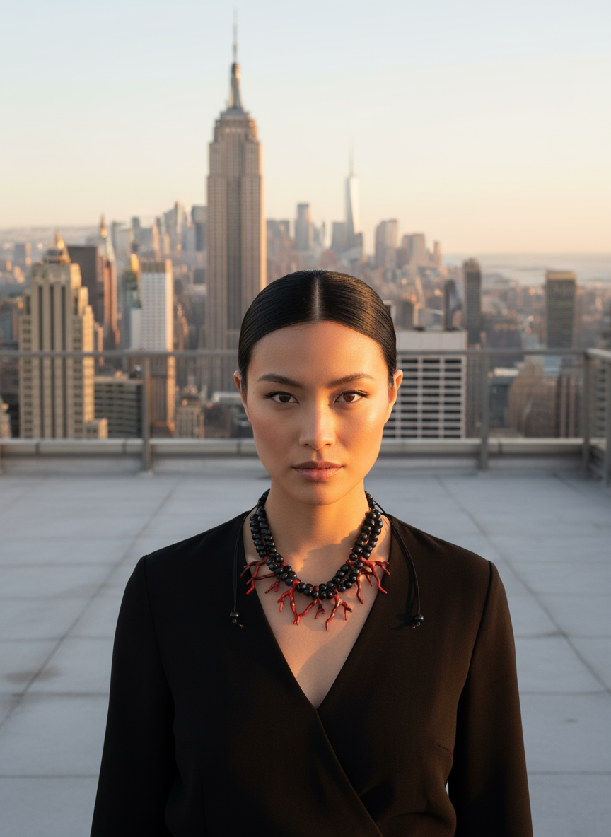 BDL12 - Adjustable red coral Resin and black wood double necklace