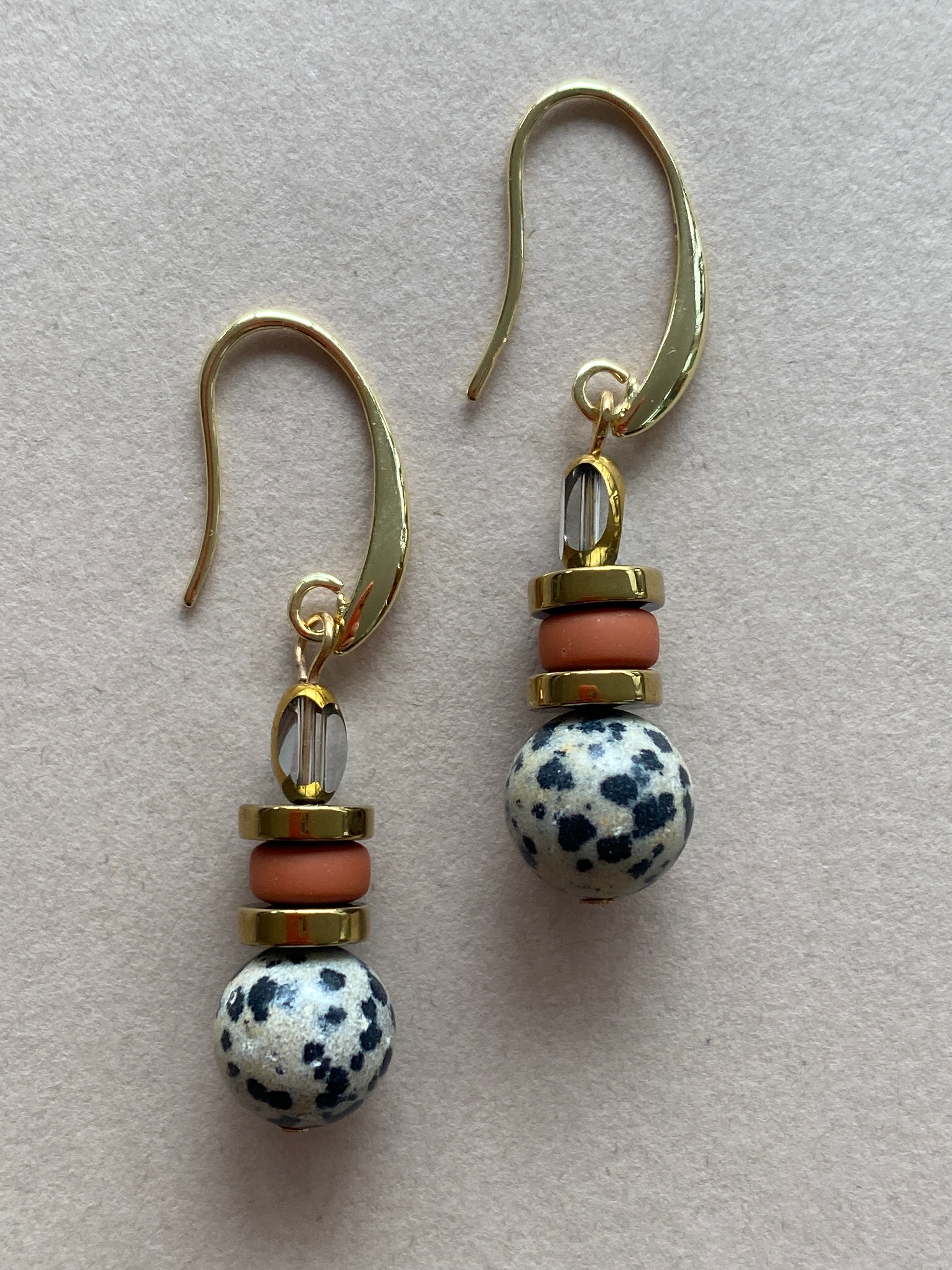 BDLE02 - Dalmatian Jasper & Sandstone barrel Drop Earrings