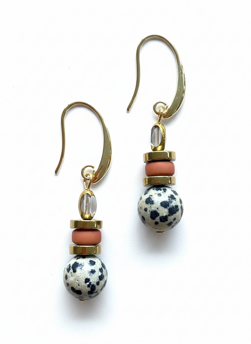 BDLE02 - Dalmatian Jasper & Sandstone barrel Drop Earrings