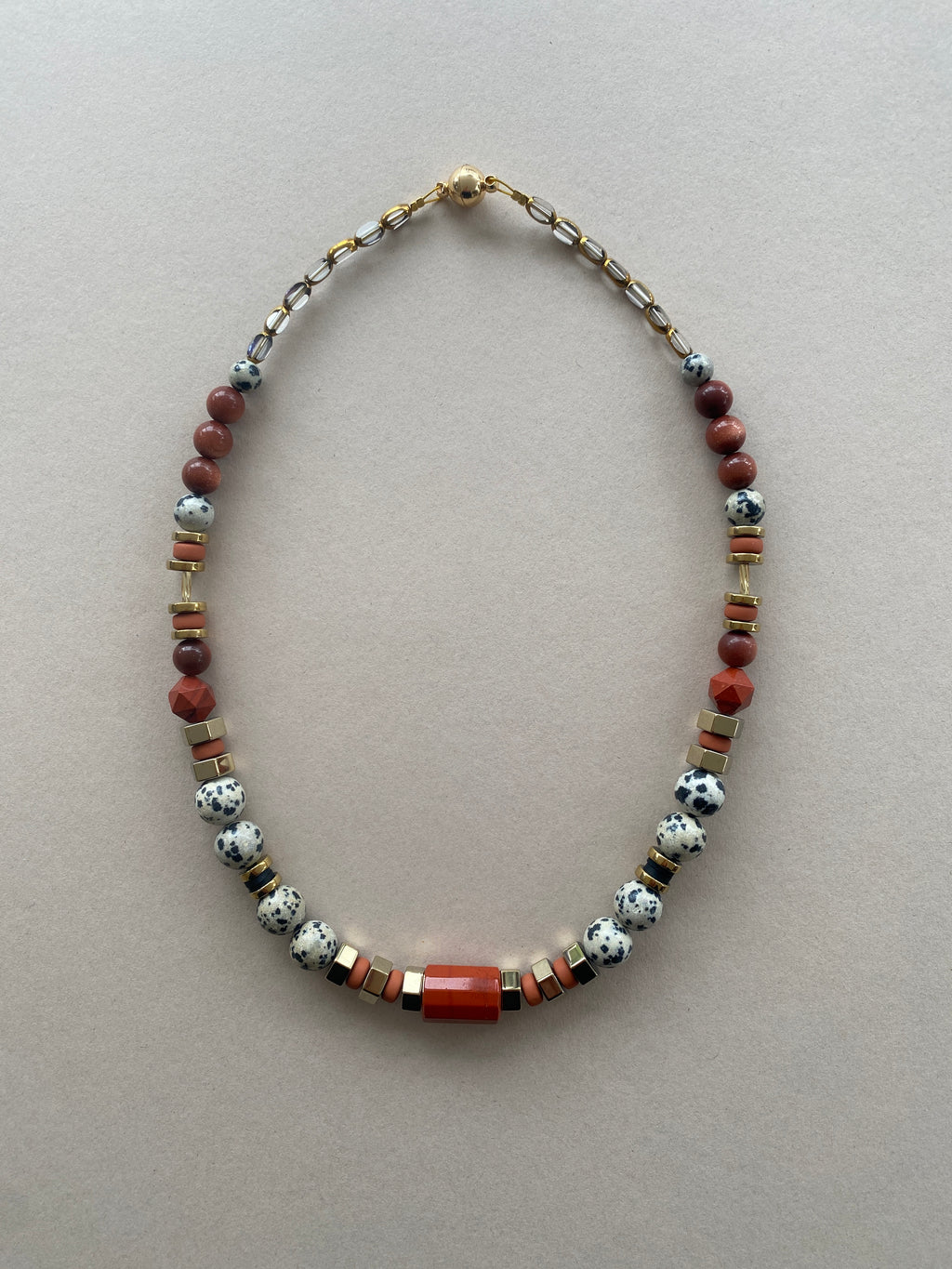 BDL02 - Dalmatian Jasper & Sandstone barrel necklace
