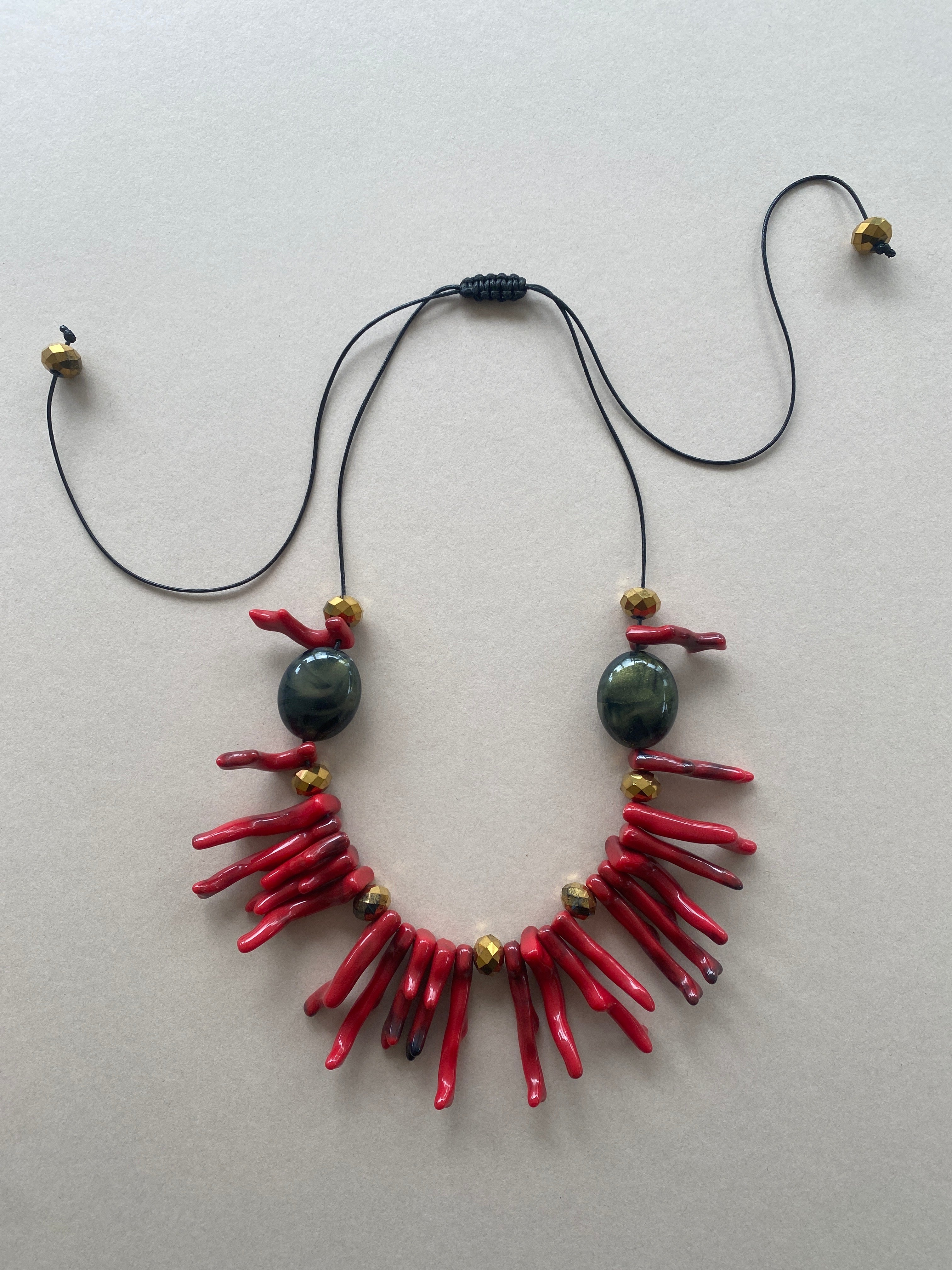 BDL13 - Statement Adjustable Resin Coral and crystal necklace