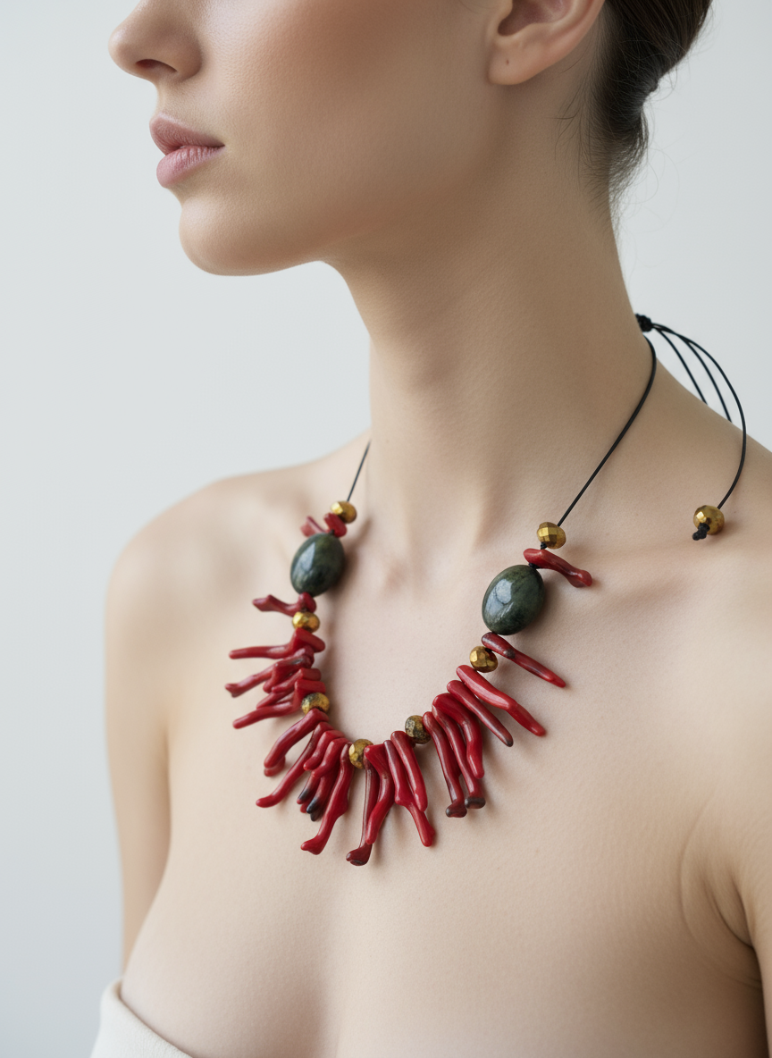 BDL13 - Statement Adjustable Resin Coral and crystal necklace