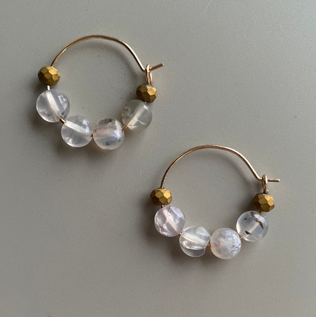 CSTE13 - Natural Agate hoop earrings - Bronze, Milky white