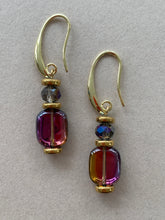 BDLE15 - Hematite, Glass & crystal drop earrings in purple and gunmetal