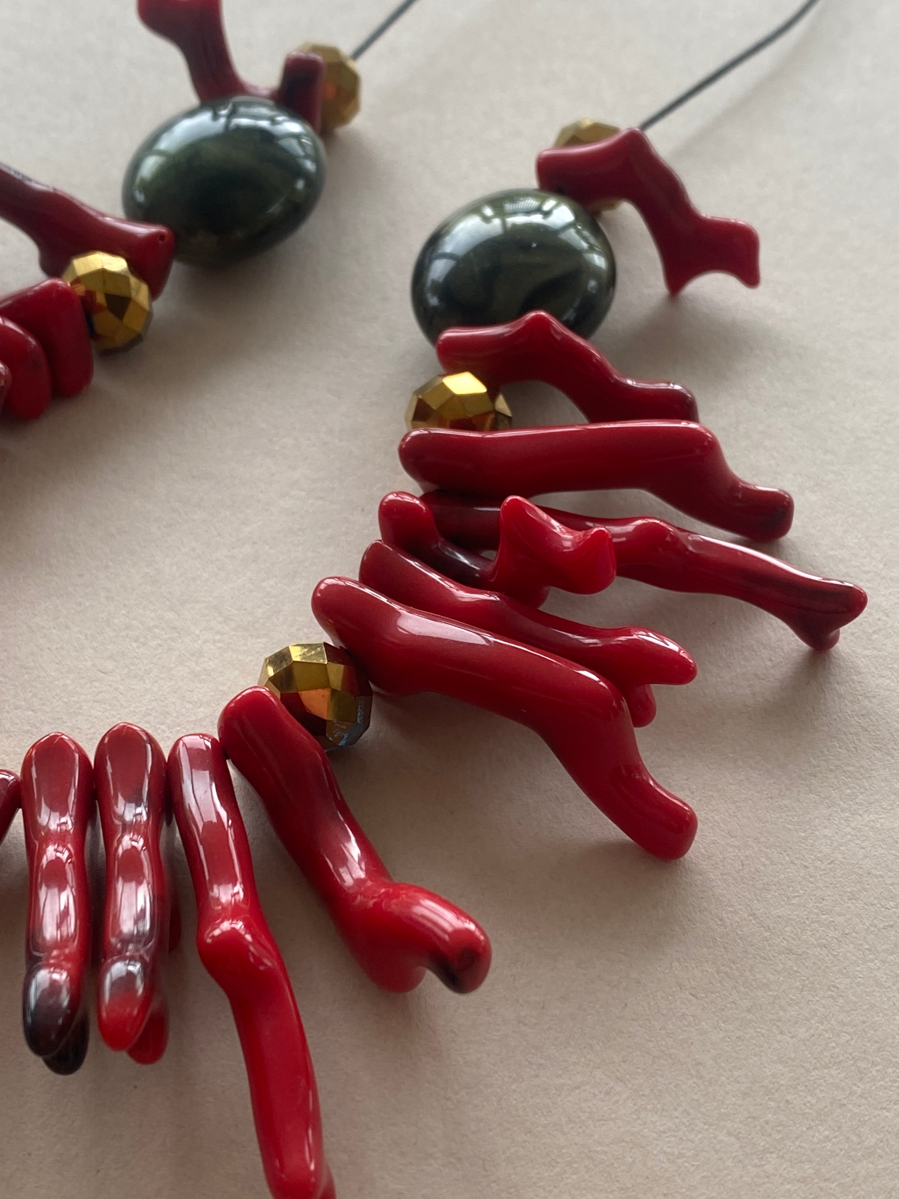 BDL13 - Statement Adjustable Resin Coral and crystal necklace