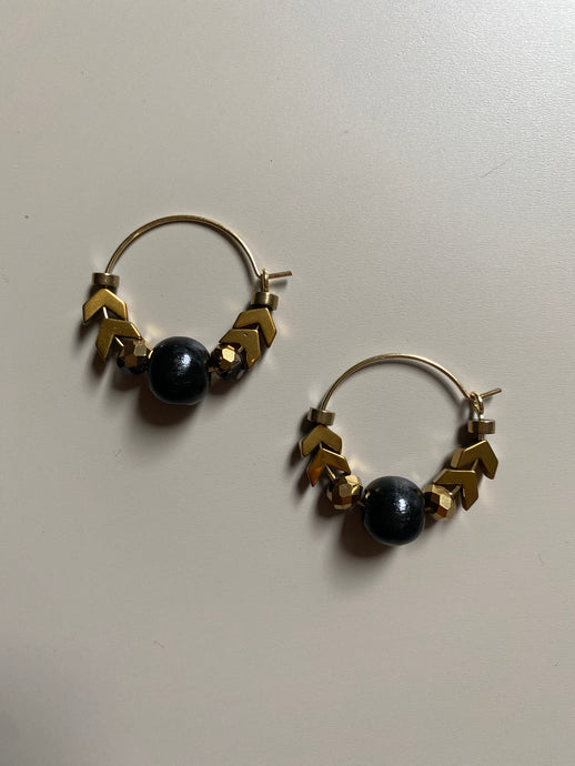 FRTE16 - Gold plated hoop earrings, with crystal, Hematite and painted wood focal