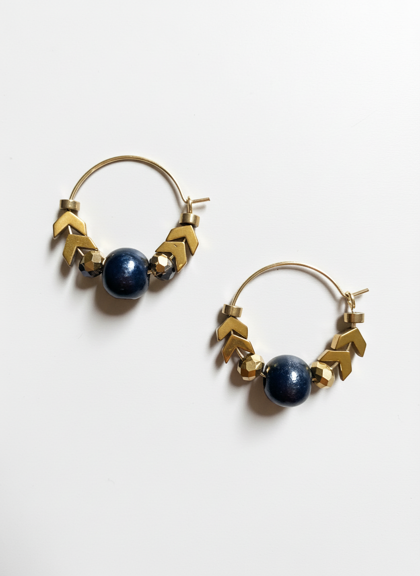 FRTE16 - Gold plated hoop earrings, with crystal, Hematite and painted wood focal
