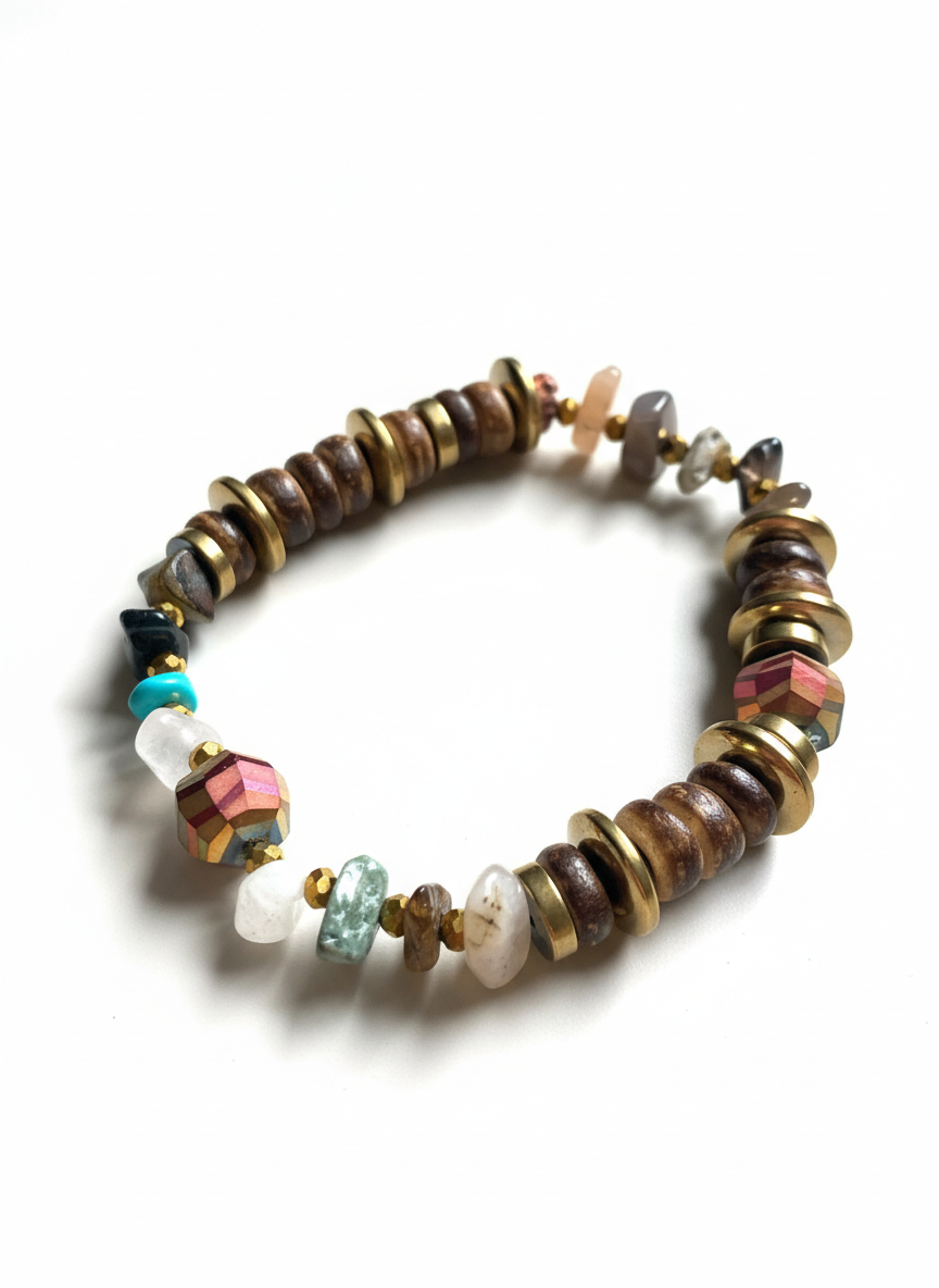 FRTB03 - Coconut, Gold plated hematite, semi precious stone chips and crystal details make this elasticated bracelet