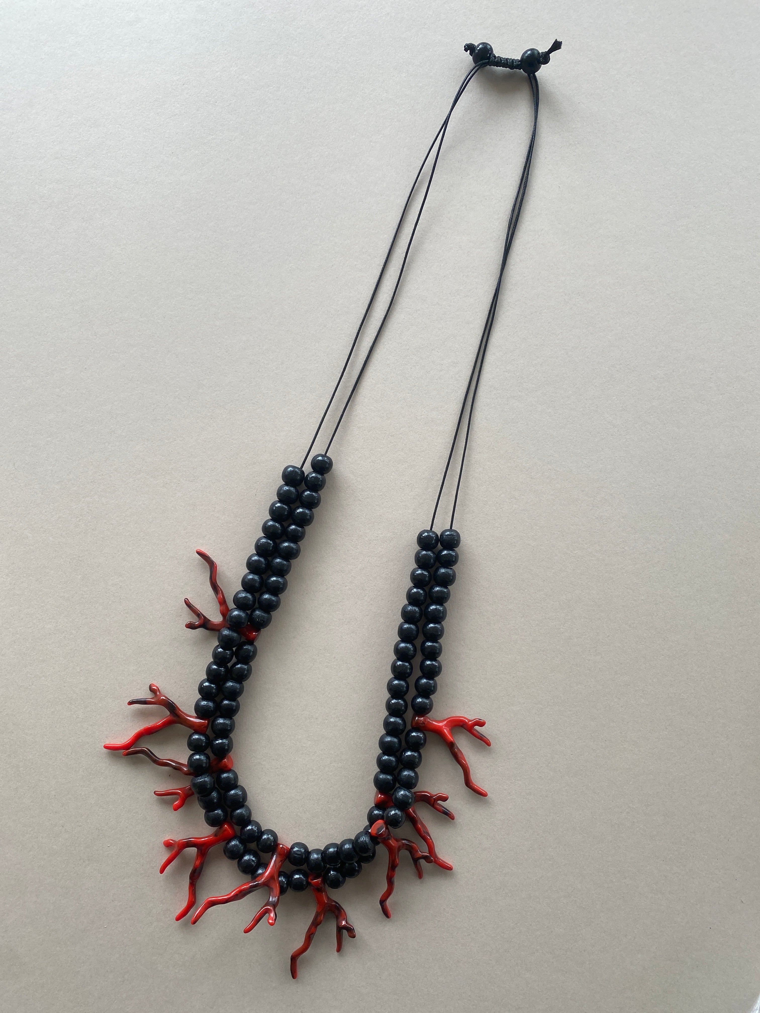 BDL12 - Adjustable red coral Resin and black wood double necklace