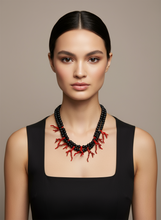 BDL12 - Adjustable red coral Resin and black wood double necklace