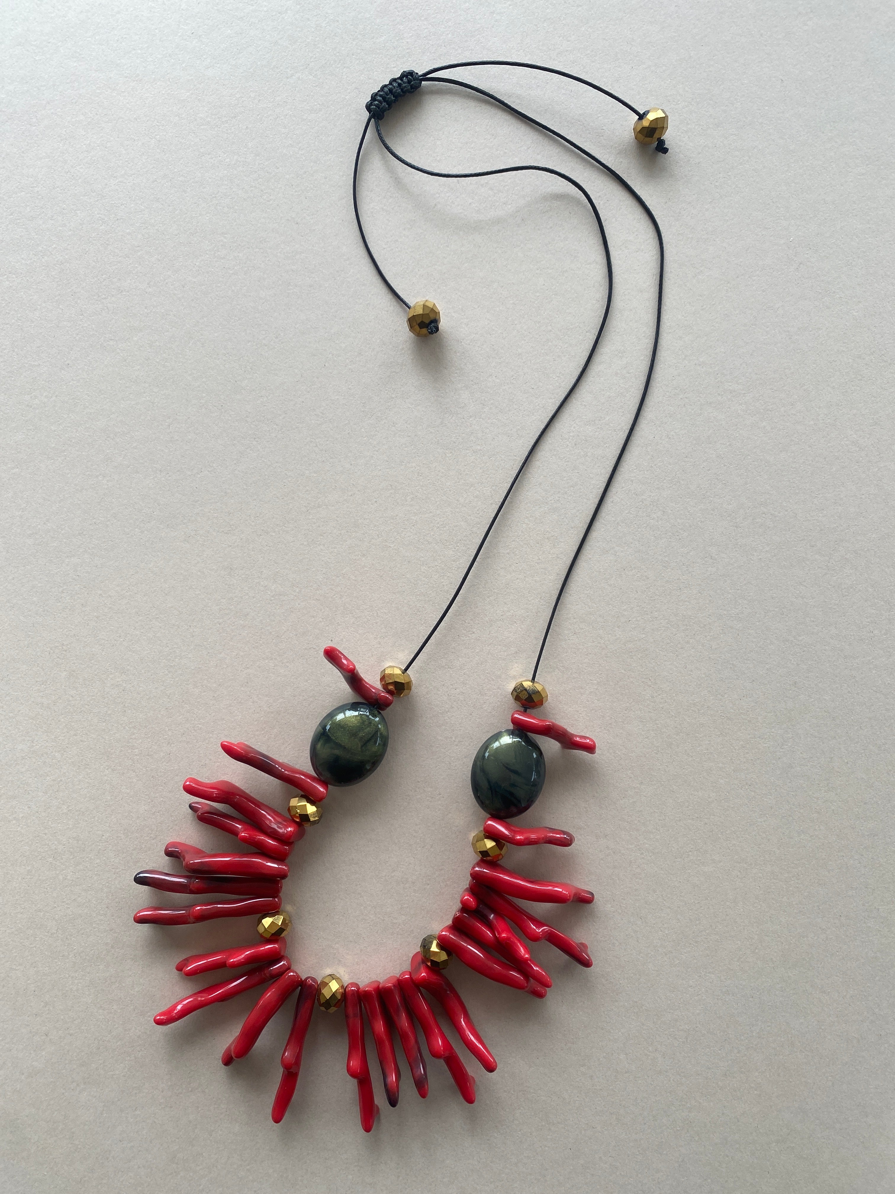 BDL13 - Statement Adjustable Resin Coral and crystal necklace