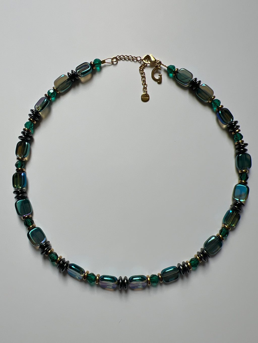 EOR15 - Hematite, Glass & crystal necklace in Sea Foam