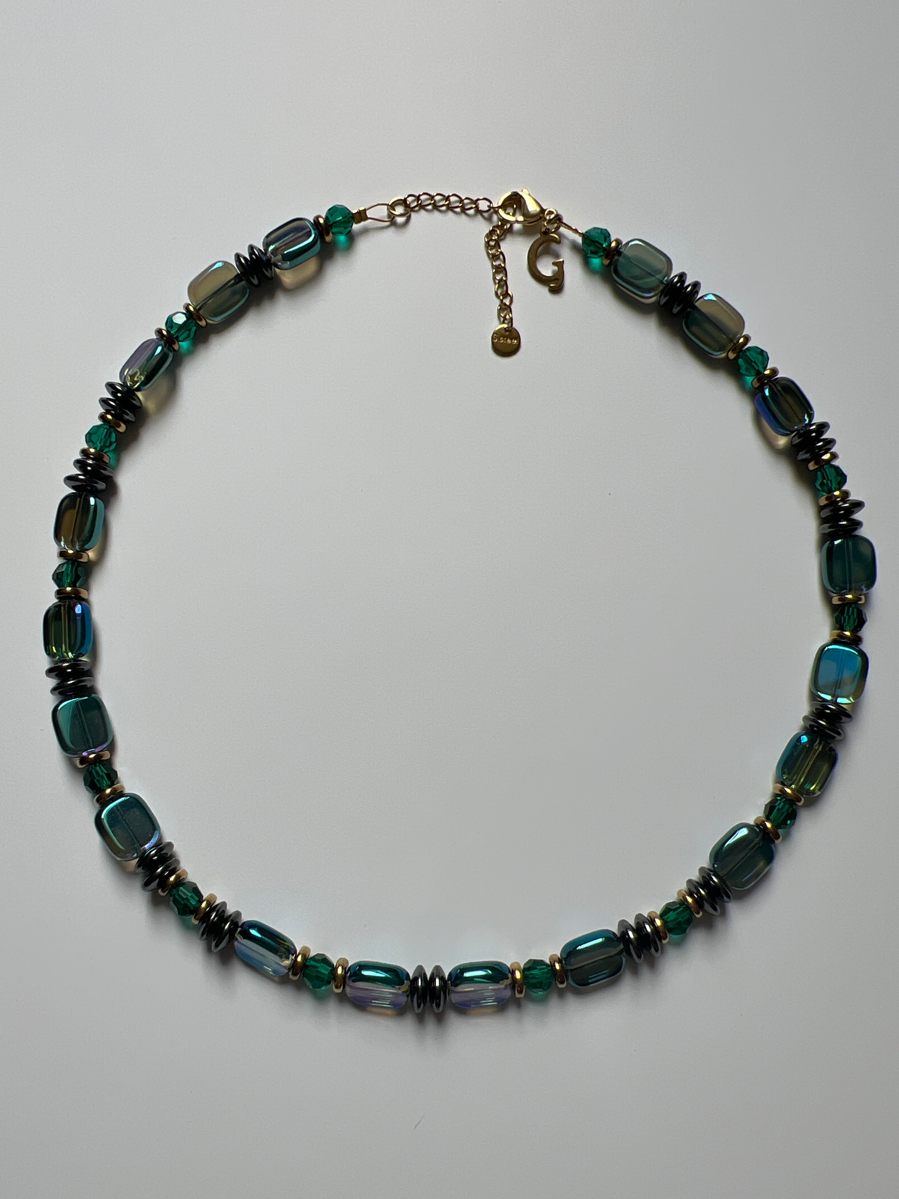 EOR15 - Hematite, Glass & crystal necklace in Sea Foam