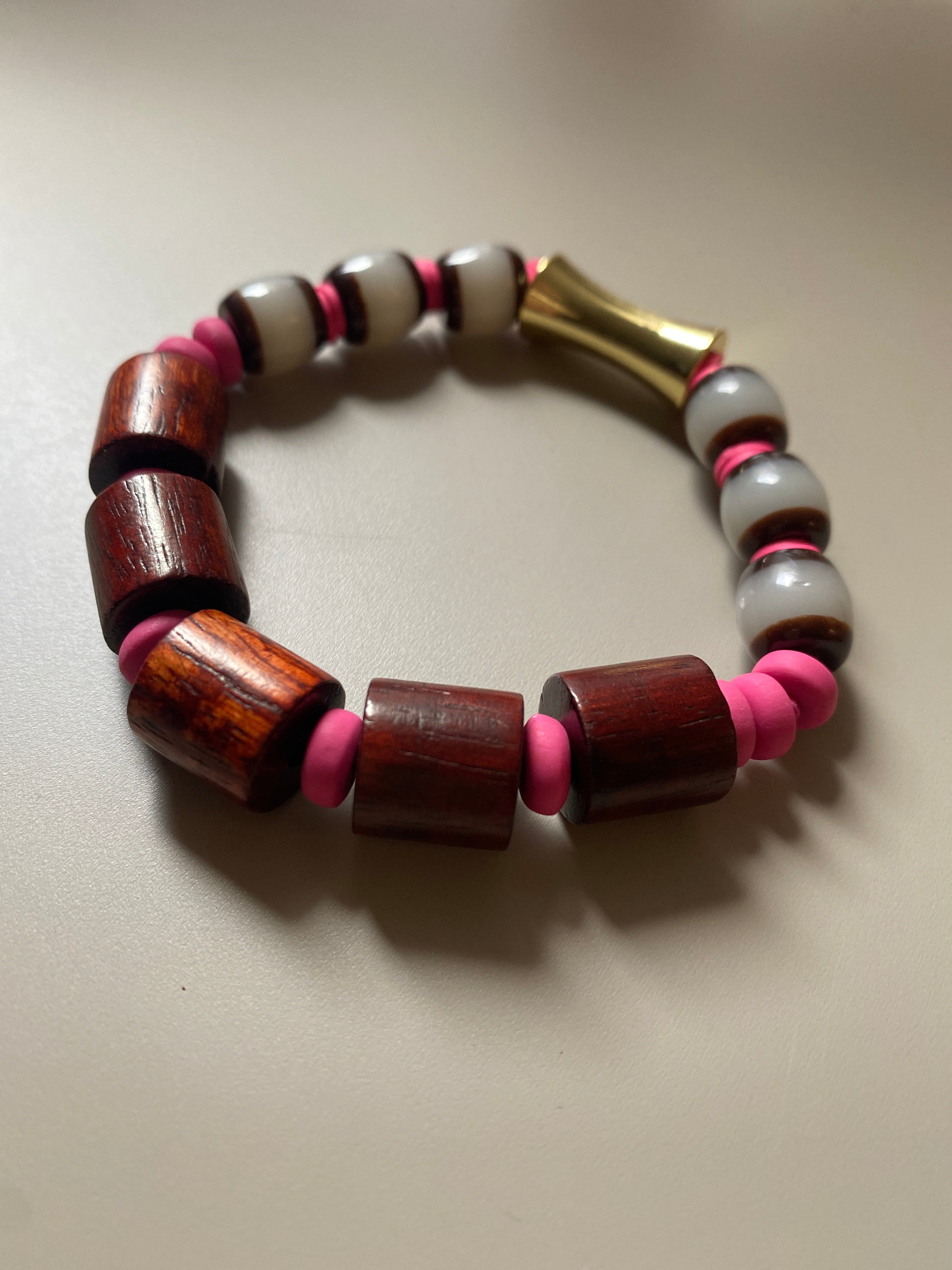 FRTB06 - Bracelet with dyed wood, Acrylic, clay and gold plated feature