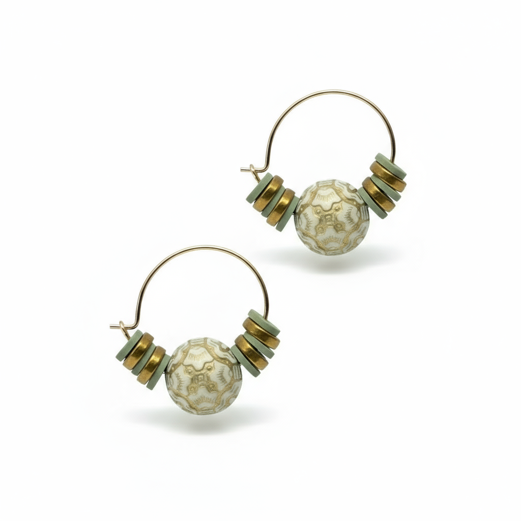 CSTE17 - Acrylic, clay and gold plated hematite hoop earrings