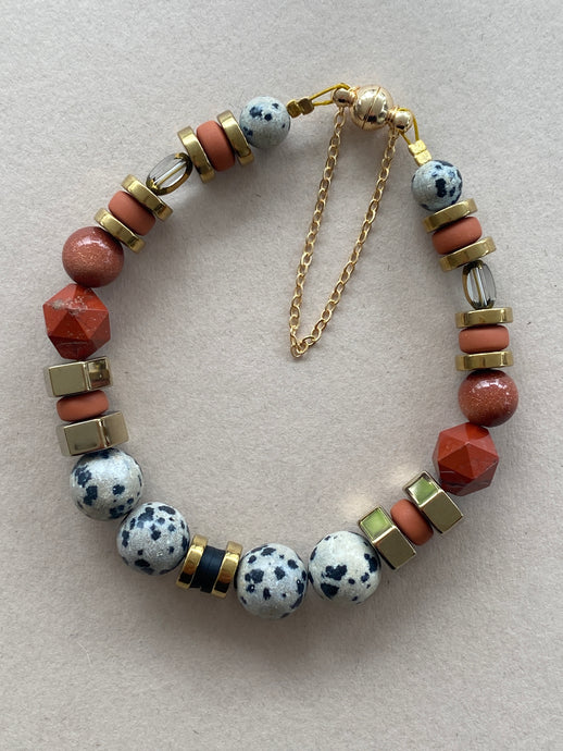 BDLB02 - Dalmatian Jasper & Sandstone barrel bracelet