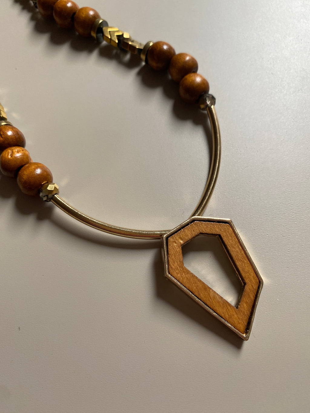 FRT13 - Seed bead, painted wood, crystal, gold plated bars and Hematite necklace