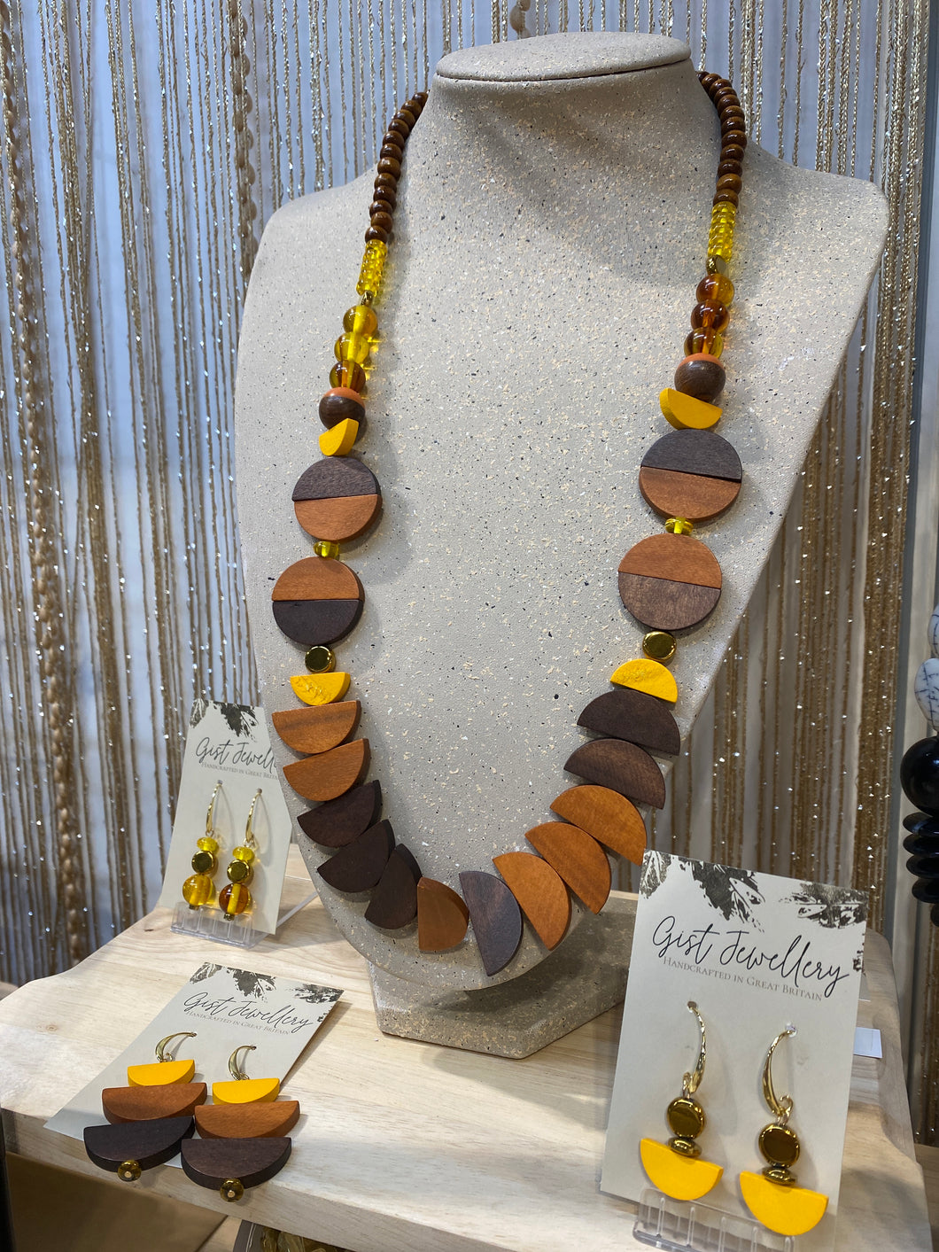 HIL17 - Rust orange, yellow and wood longer necklace 32”