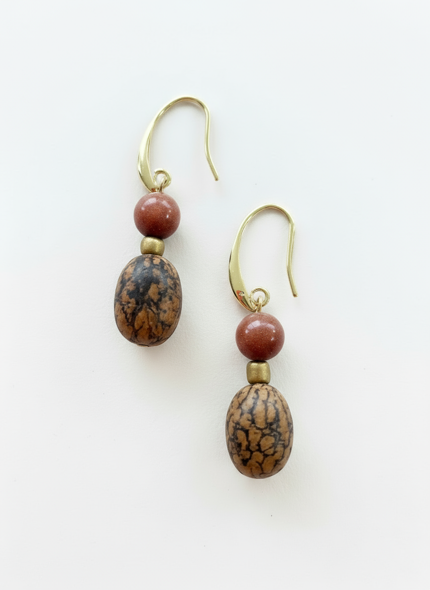 BDLE01 - Red Jasper & Burlywood Mala wood Drop Earrings
