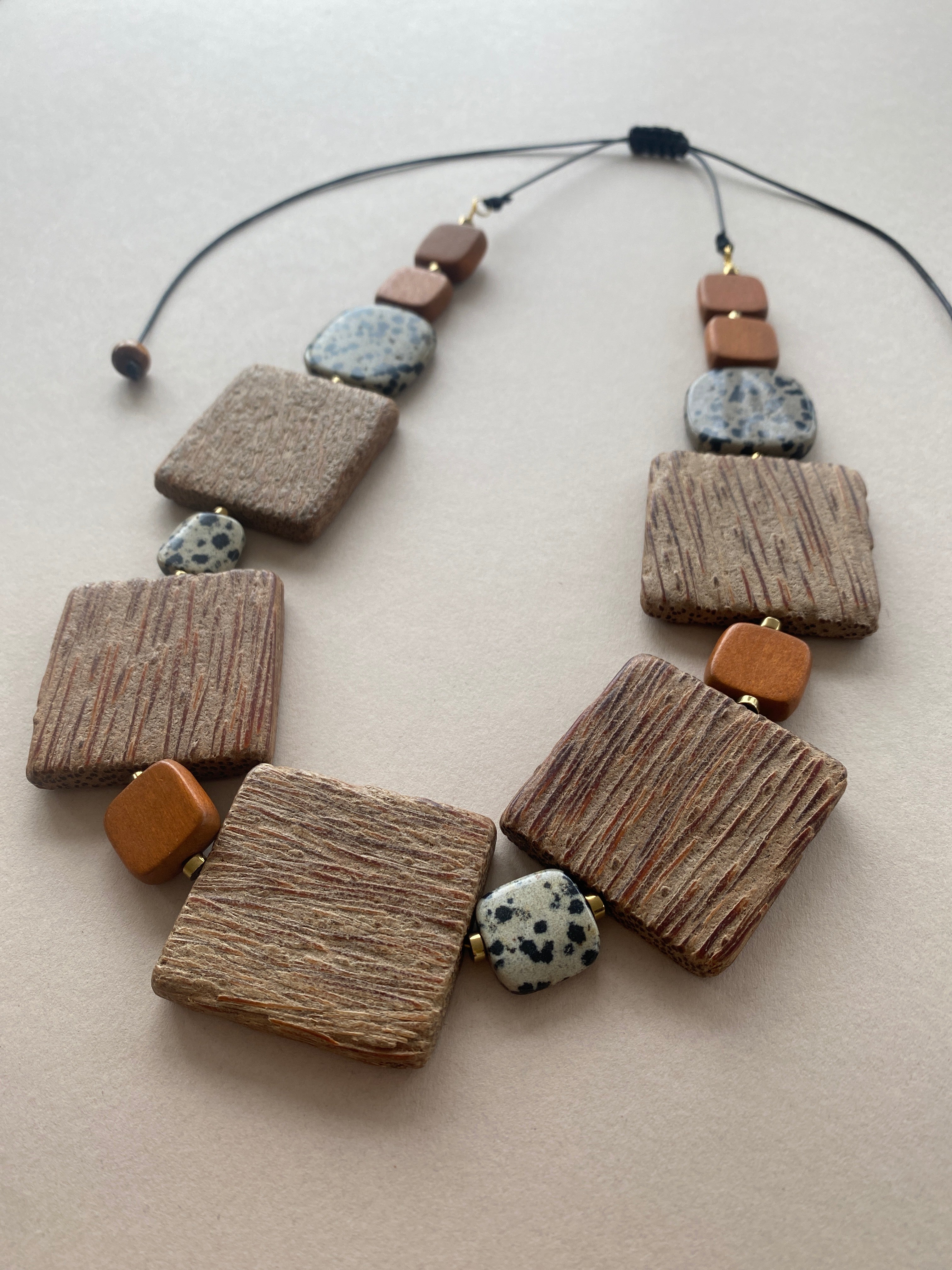 BDL03 - Dalmatian Jasper and Wood adjustable long Necklace