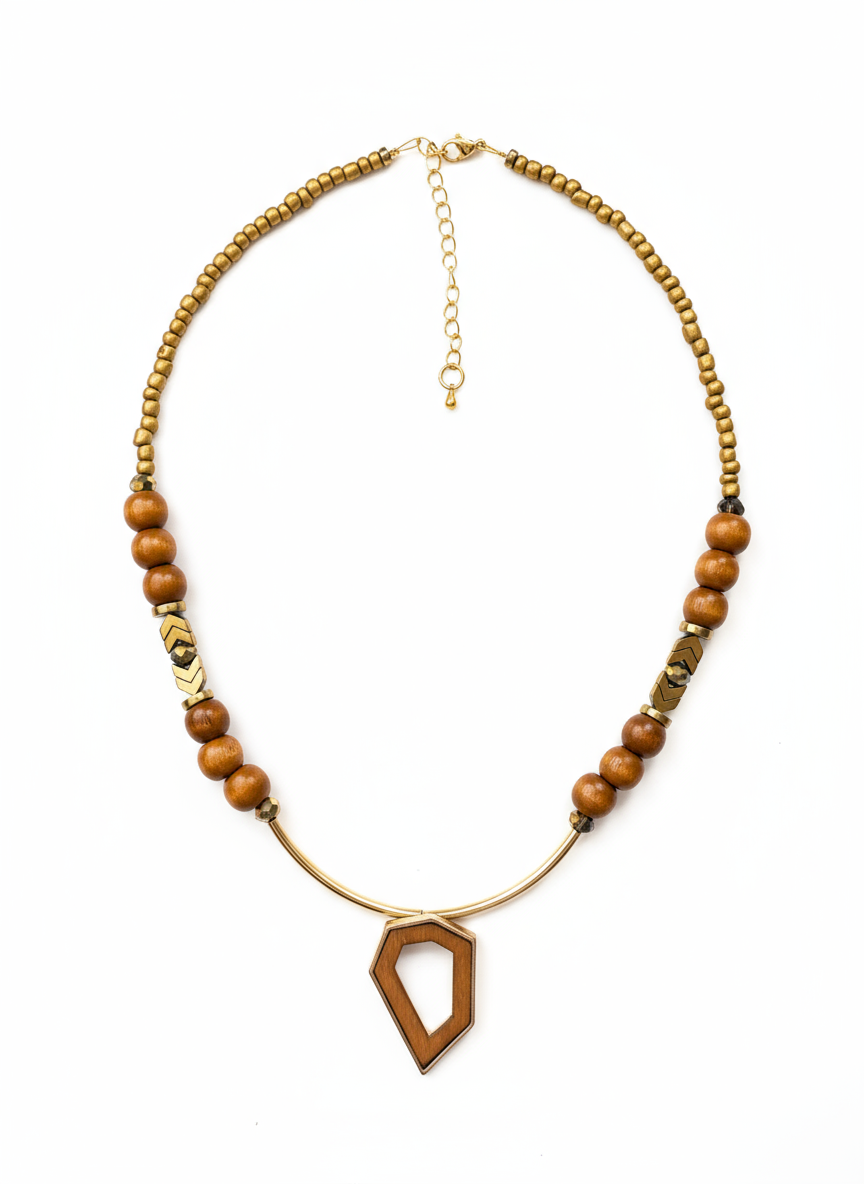 FRT13 - Seed bead, painted wood, crystal, gold plated bars and Hematite necklace