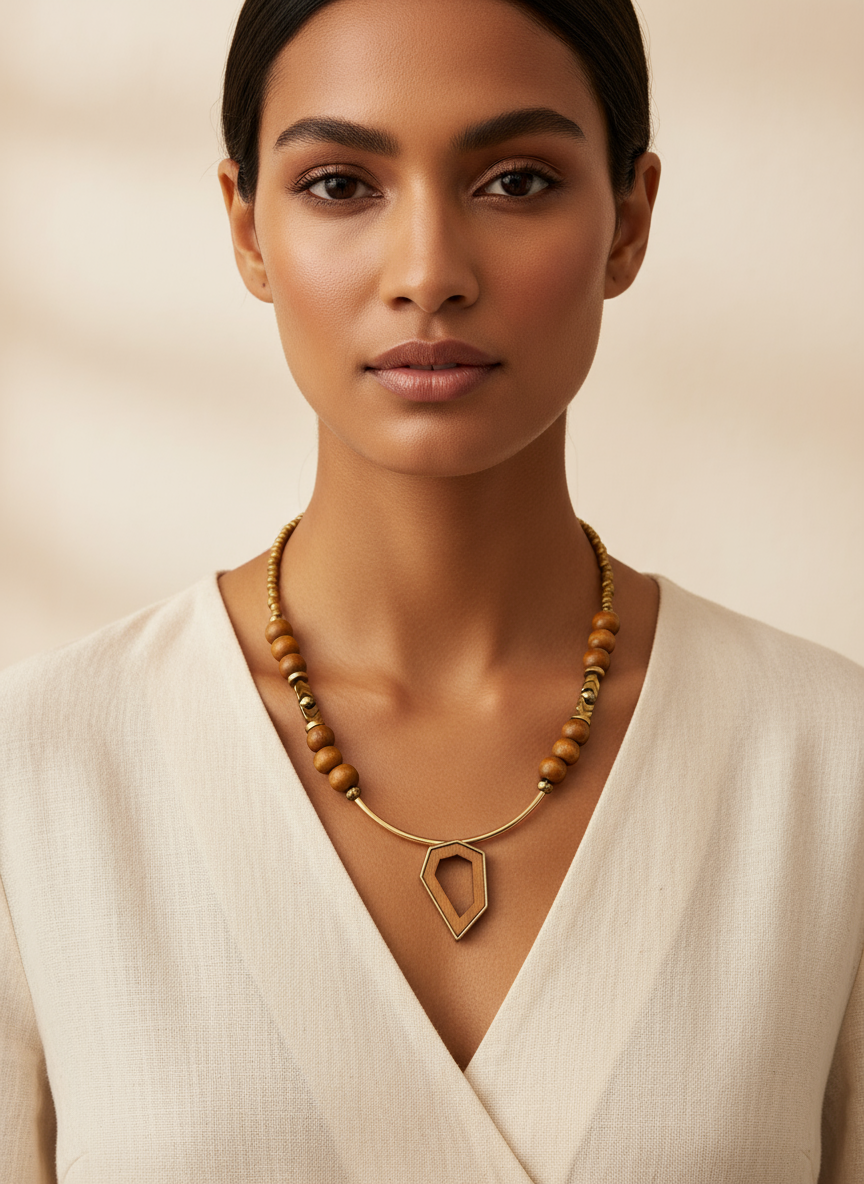 FRT13 - Seed bead, painted wood, crystal, gold plated bars and Hematite necklace