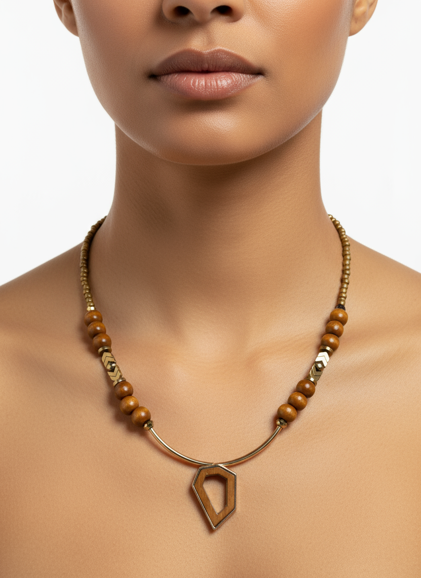 FRT13 - Seed bead, painted wood, crystal, gold plated bars and Hematite necklace