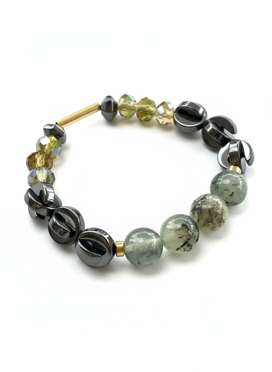 HILB04 - Natural Prehnite gem stones, green yellow black bracelet