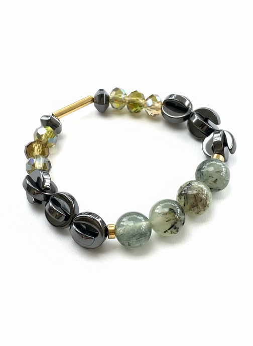 HILB04 - Natural Prehnite gem stones, green yellow black bracelet