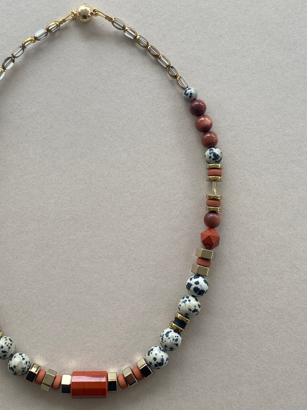 BDL02 - Dalmatian Jasper & Sandstone barrel necklace