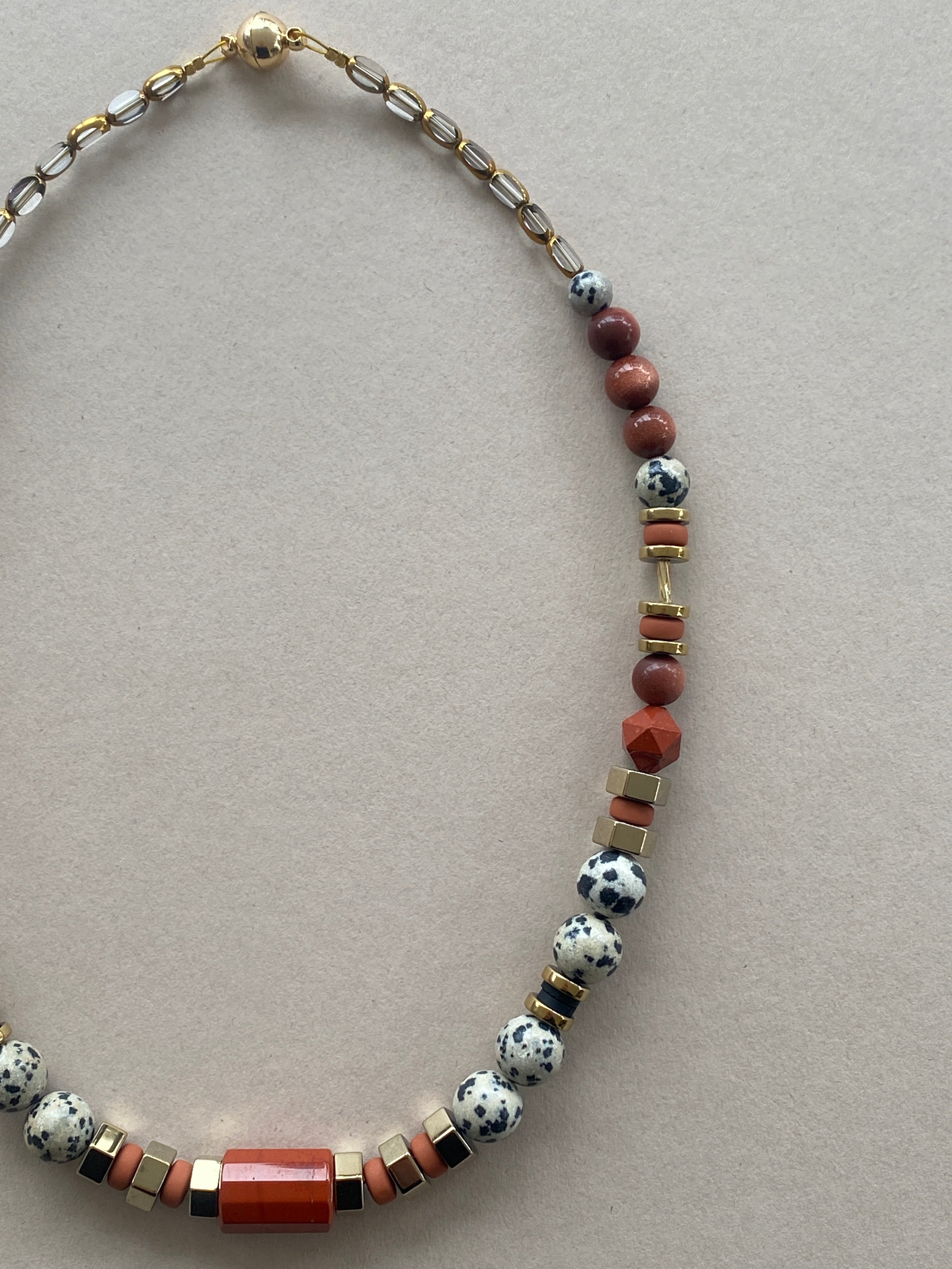 BDL02 - Dalmatian Jasper & Sandstone barrel necklace