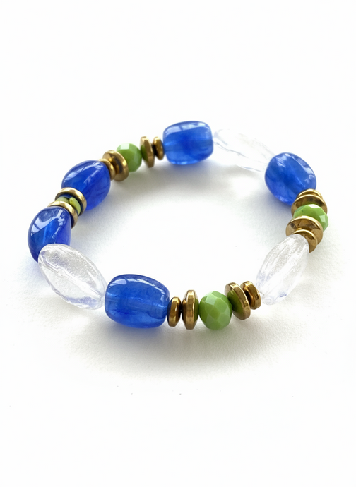 HILB12 - Royal blue and green crystal elasticated bracelet
