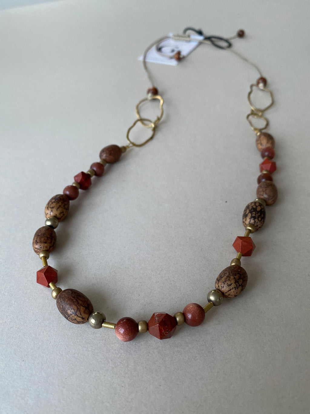 BDL01 - Red Jasper & Burlywood Mala beads adjustable cord necklace