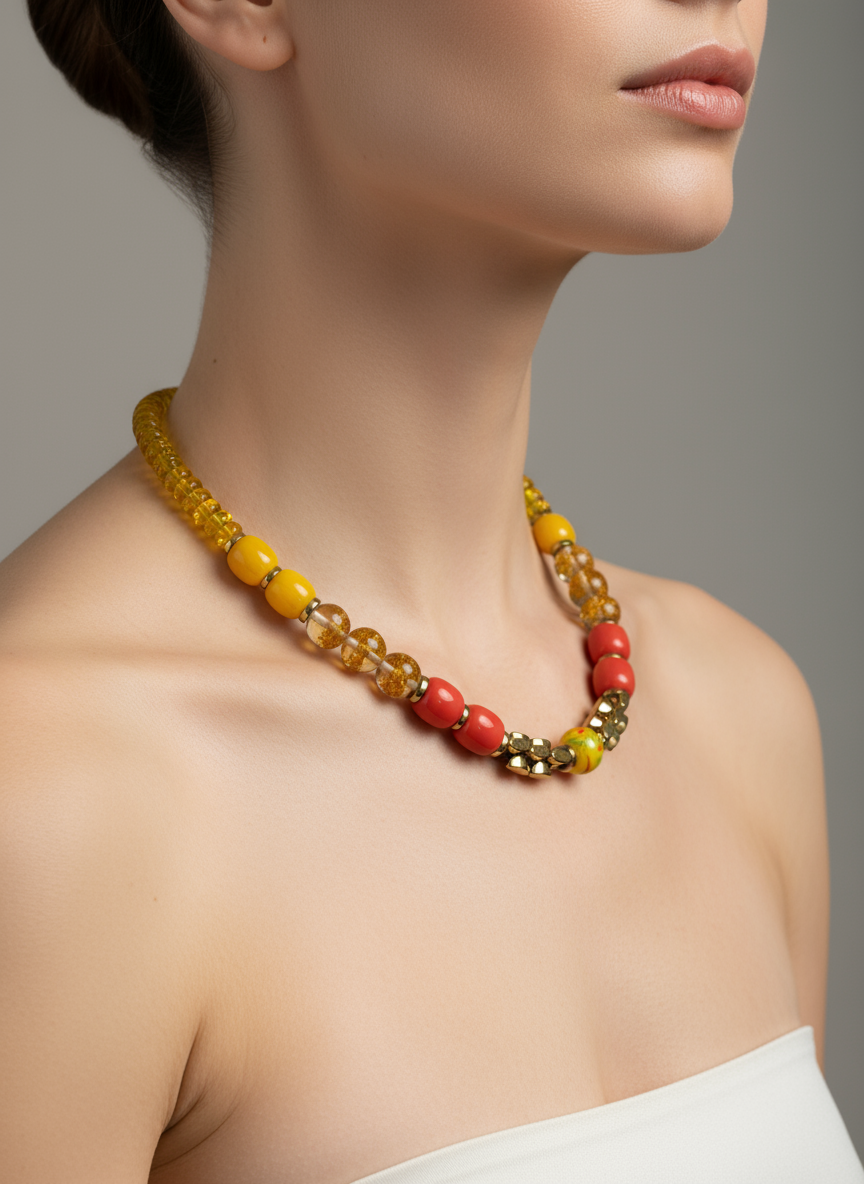 BDL06 - Orange and yellow resin 17” beaded necklace
