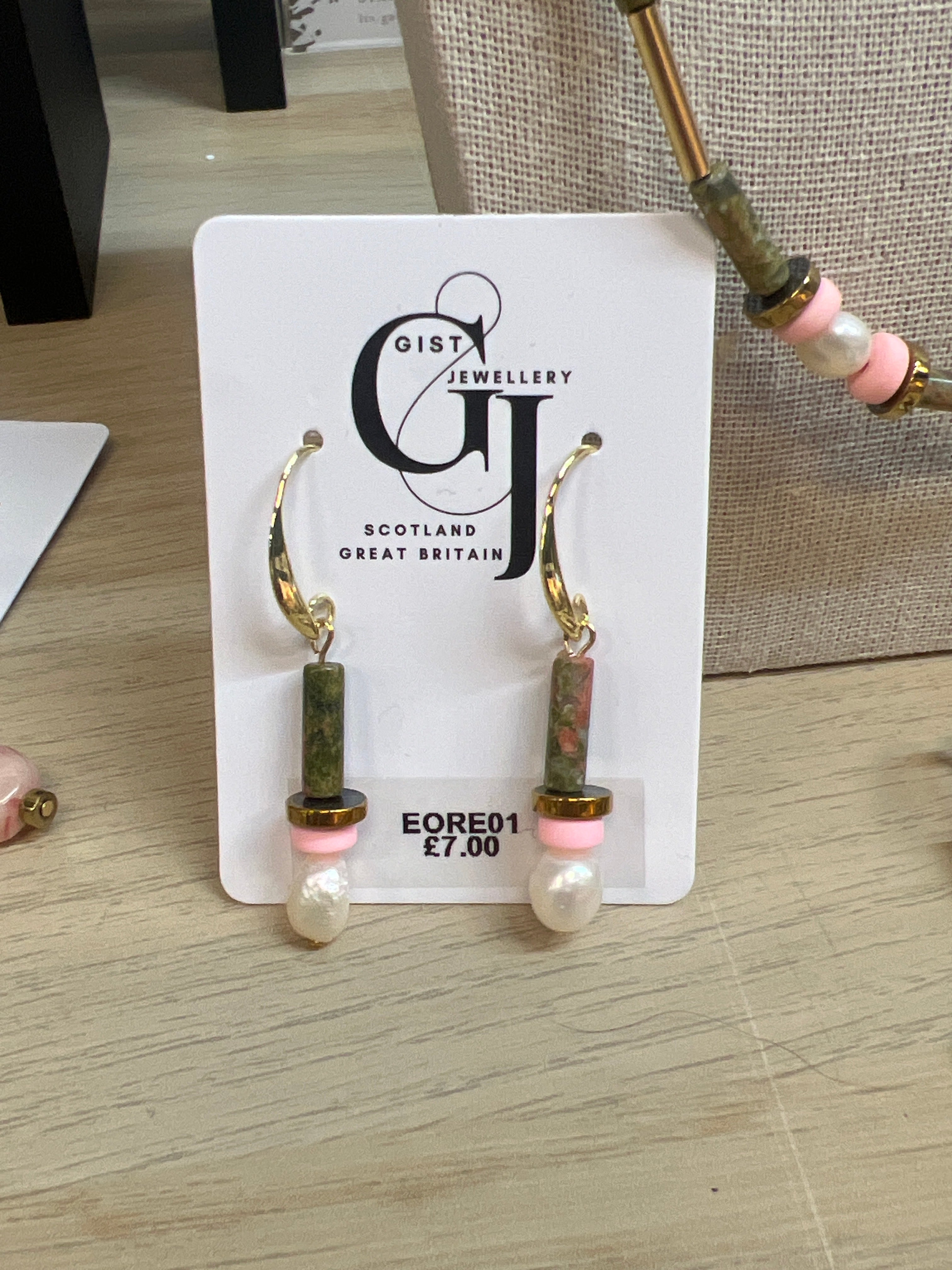 EORE01 - Green Stone, Fresh water Pearls, Clay and Gold Plated Hematite Earrings