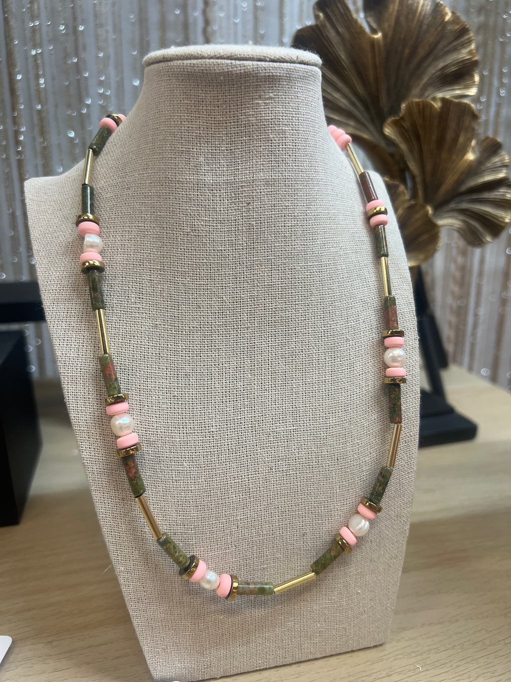 EOR01 - 18" , 24k Gold plated brass details,  green gemstone tone, Fresh water Pearls, pink Clay and Gold Plated Hematite
