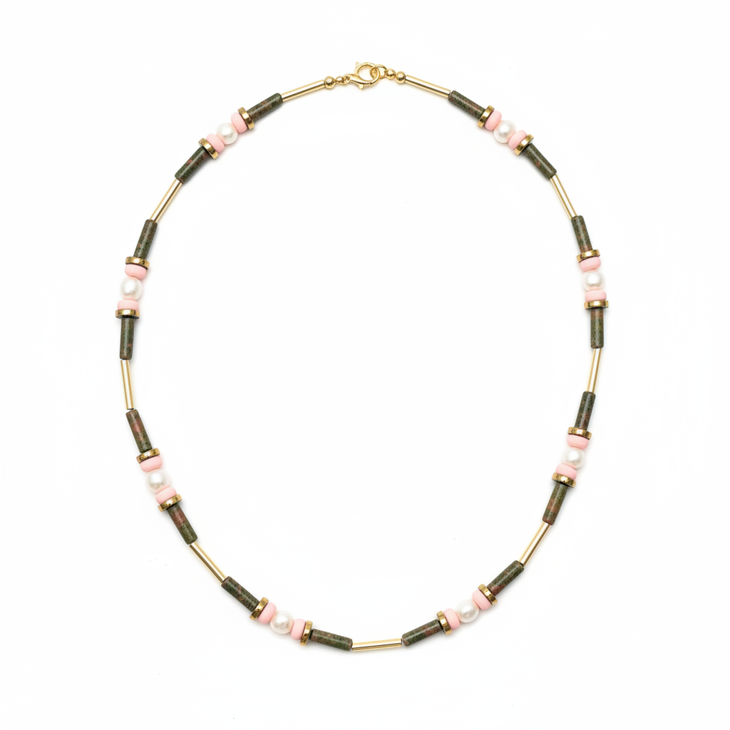 EOR01 - 18" , 24k Gold plated brass details,  green gemstone tone, Fresh water Pearls, pink Clay and Gold Plated Hematite