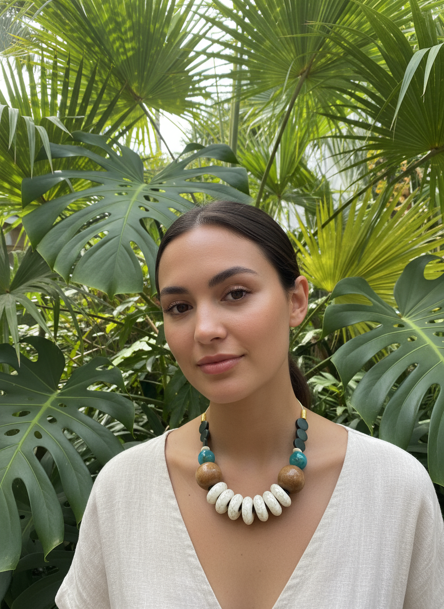 HIL08 - turquoise, wood and green adjustable cord necklace