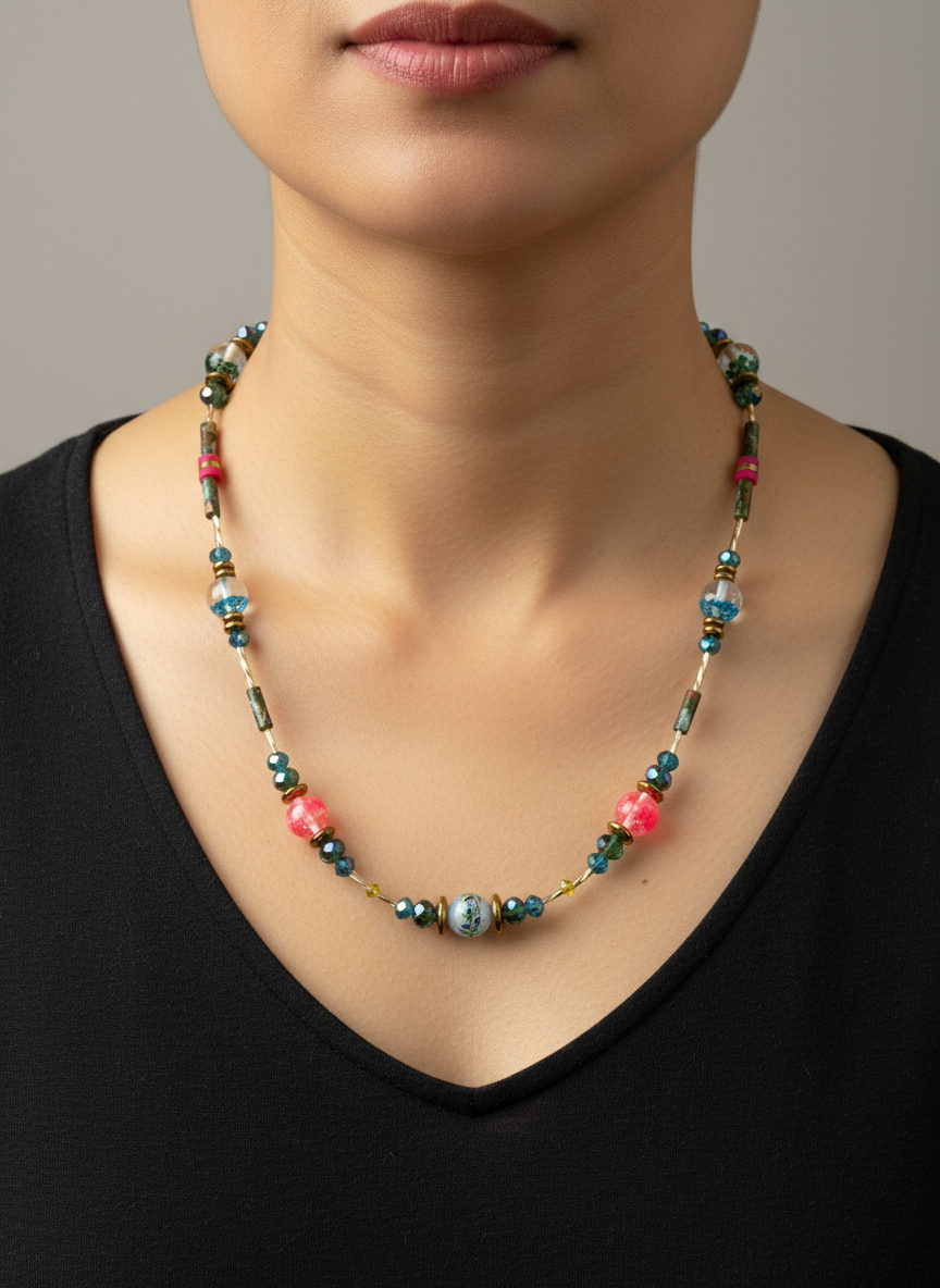 BDL14 - Resin & crystal multi coloured necklace