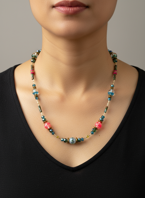 BDL14 - Resin & crystal multi coloured necklace