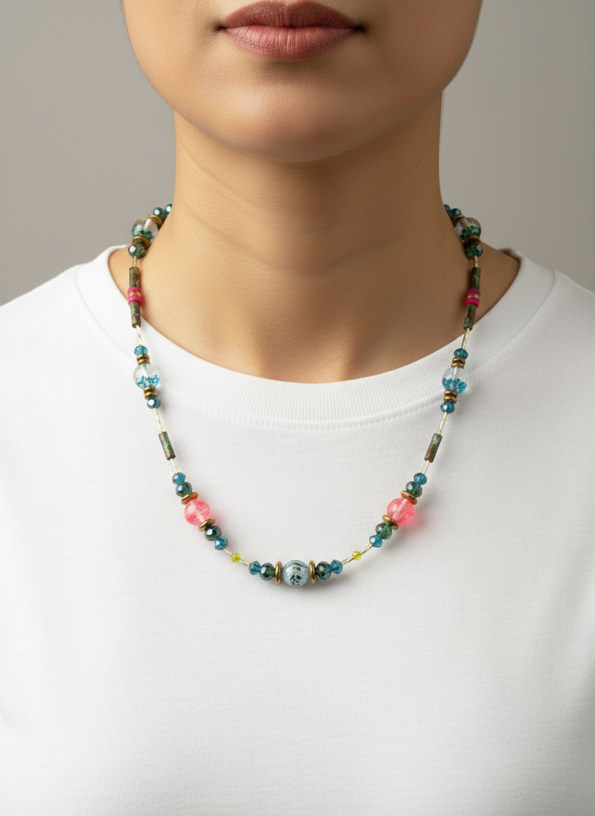 BDL14 - Resin & crystal multi coloured necklace