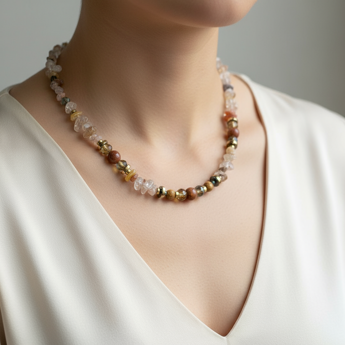 CST04 - Gemstone chip, Maifanite & Sandstone necklace - Natural tones