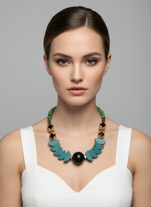 FRT03 - Painted wood, hematite, acrylic, and clay statement necklace
