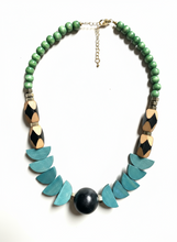 FRT03 - Painted wood, hematite, acrylic, and clay statement necklace