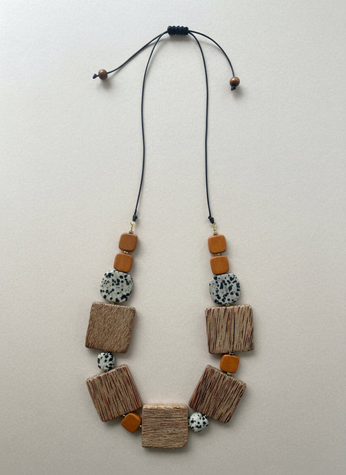 BDL03 - Dalmatian Jasper and Wood adjustable long Necklace