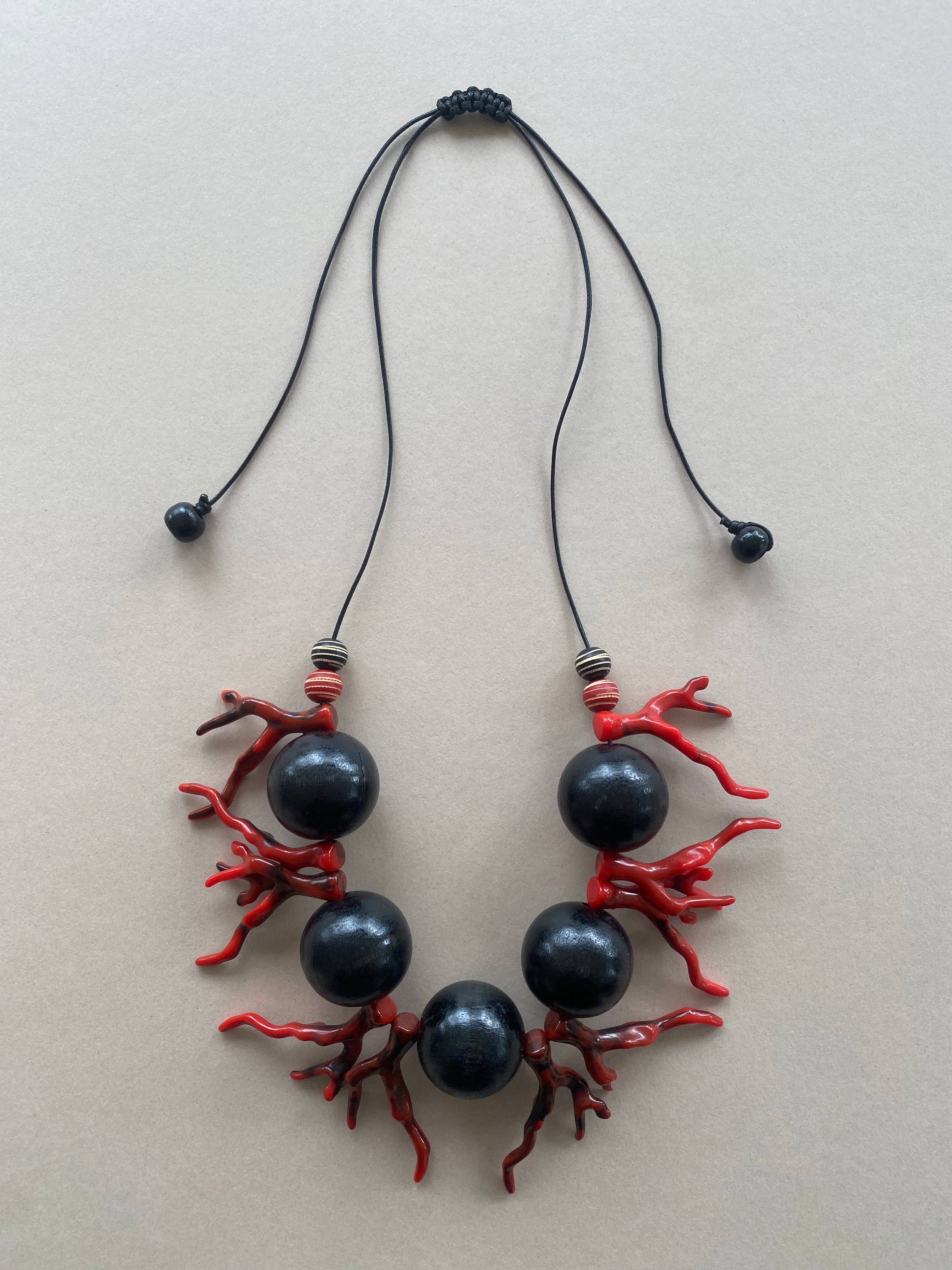 BDL11 - Adjustable red Coral Resin and chunky black wood necklace