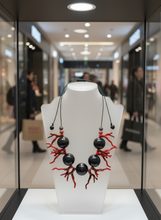 BDL11 - Adjustable red Coral Resin and chunky black wood necklace