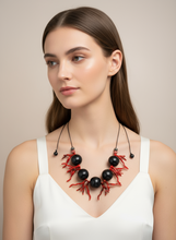 BDL11 - Adjustable red Coral Resin and chunky black wood necklace