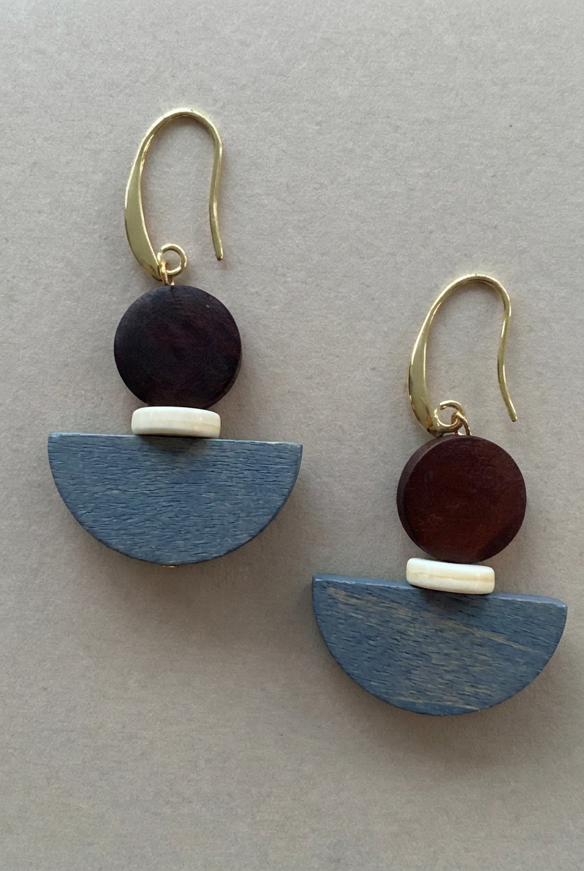 Chocolate and Blue Wooden drop earrings